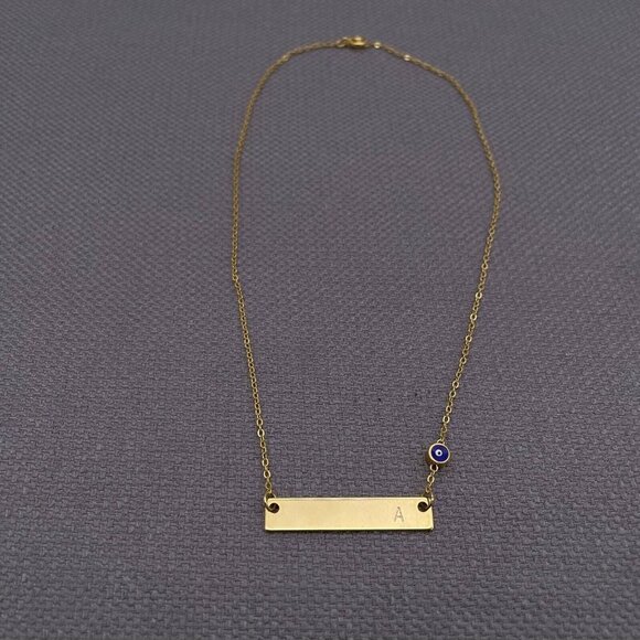 A Initial Horizon Bar Evil Eye Link Chain Necklace Gold Tone - Picture 3 of 6